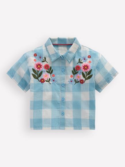 Mini Boden Kids' Short Sleeve Relaxed Embroidered Shirt, Blue Gingham, Blue Gingham