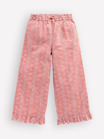 Mini Boden Kids' Cotton Frill Hem Trousers, Pink Broderie, Pink Broderie