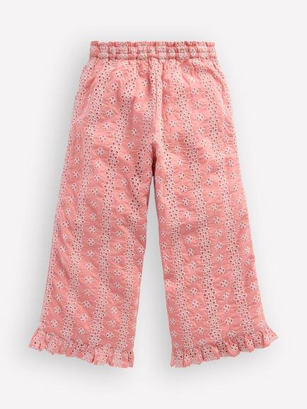 Mini Boden Kids' Cotton Frill Hem Trousers, Pink Broderie - view 2, Pink Broderie