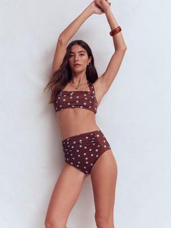 Boden Kythira Ruched Bikini Bottoms, Chocolate/Blue, Chocolate/Blue