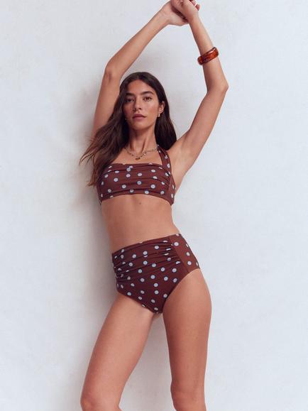 Boden Kythira Ruched Bikini Bottoms, Chocolate/Blue, Chocolate/Blue