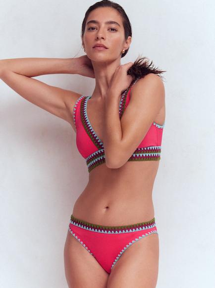 Boden Porto High Leg Embroidered Bikini Bottoms, Rosy, Rosy