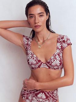 Boden Sweetheart Neck Botanical Print Bikini Top, Maroon/Multi, Maroon/Multi