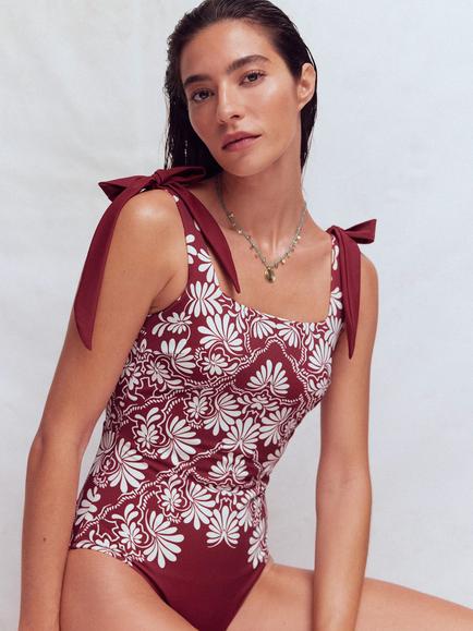 Boden Bow Tie Shoulder Swimsuit, Maroon, Maroon