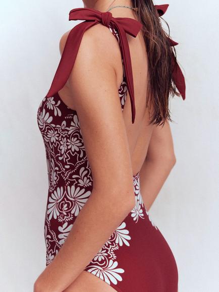 Boden Bow Tie Shoulder Swimsuit, Maroon - view 2, Maroon
