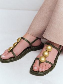 Boden Leather Disc Flat Strappy Sandals, Deep Olive - view 2, Deep Olive
