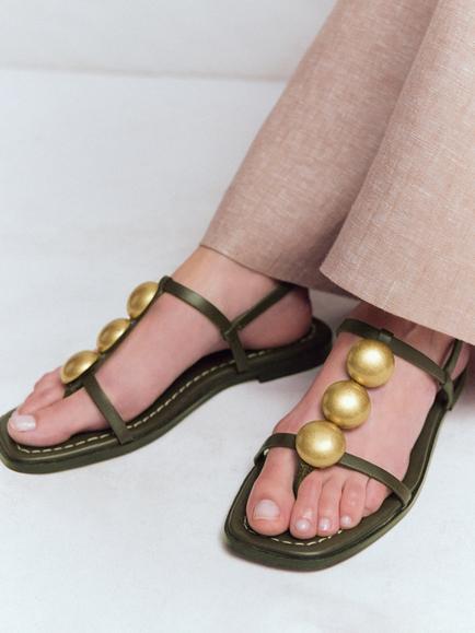 Boden Leather Disc Flat Strappy Sandals, Deep Olive - view 2, Deep Olive