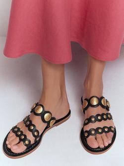 Boden Asymmetric Disc Leather Mule Sandals, Black/Multi - view 2, Black/Multi