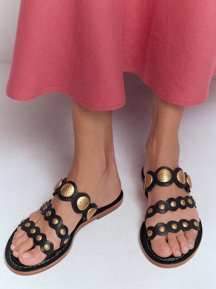 Boden Asymmetric Disc Leather Mule Sandals, Black/Multi - view 2, Black/Multi