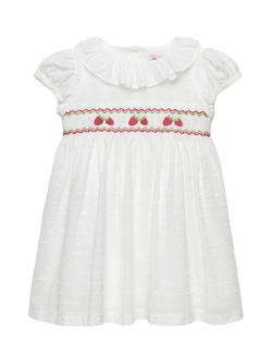 Trotters Baby Strawberry Smock Dress, White, White