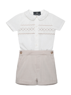 Trotters Baby Rupert Smocked Shirt and Shorts Set, Oatmeal/White, Oatmeal/White