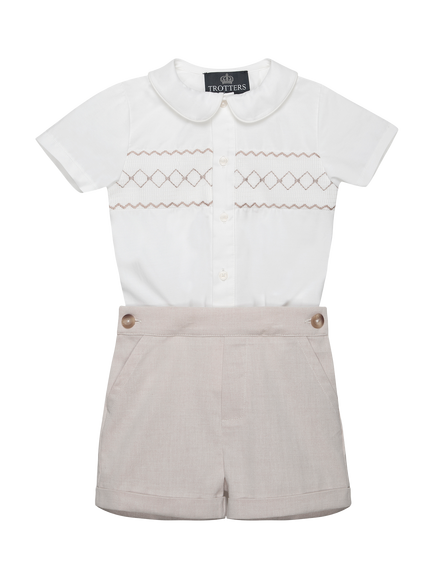 Trotters Baby Rupert Smocked Shirt and Shorts Set, Oatmeal/White, Oatmeal/White