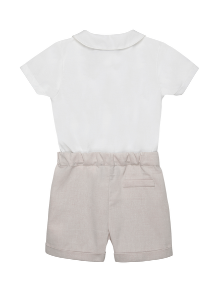 Trotters Baby Rupert Smocked Shirt and Shorts Set, Oatmeal/White - view 2, Oatmeal/White