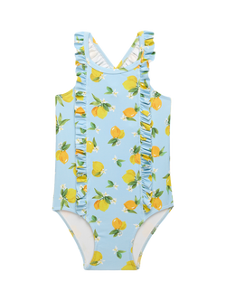 Trotters Baby Printed Ruffle Swimsuit, Aqua/Lemon, Aqua/Lemon