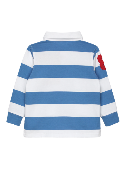 Trotters Kids' Long Sleeve Striped Rugby Shirt, Blue Multi - view 2, Blue Multi