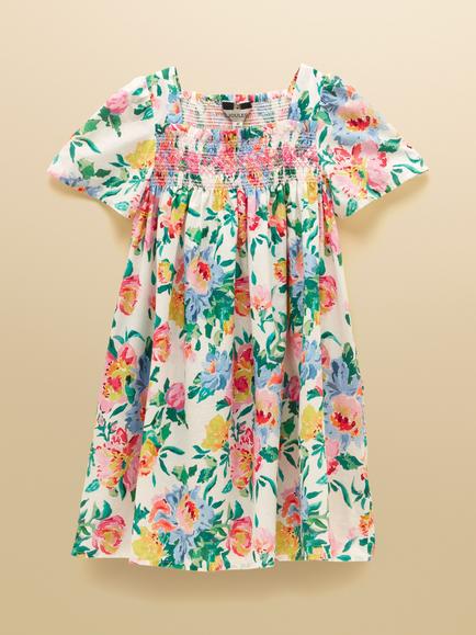 Joules Kids' Floral Flutter Sleeve Shirred Dress, Cream, Cream