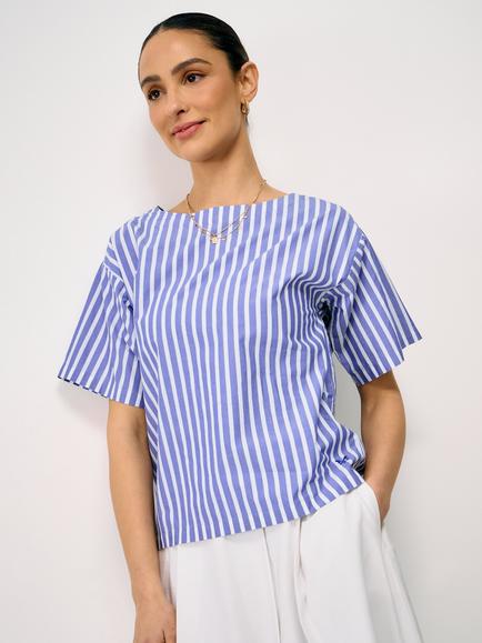 Crew Clothing Leanne Stripe Woven T-Shirt, Blue/White, Blue/White