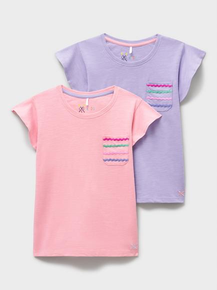 Crew Clothing Kids' Flutter Sleeve T-Shirt, Pack of 2, Pink/Purple, Pink/Purple