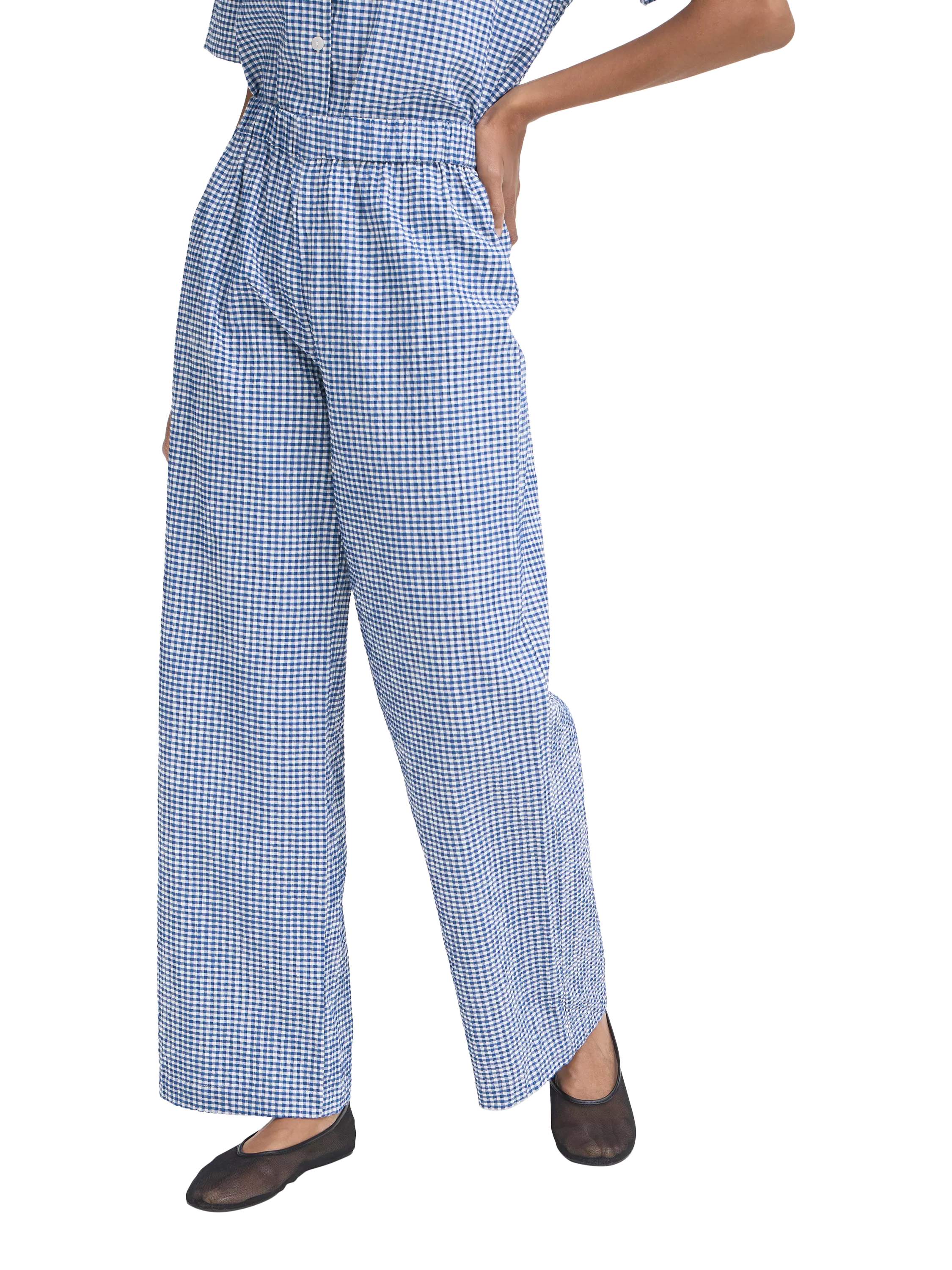ICHI Jilma Gingham Wide Leg Trousers, Sodalite Blue/White