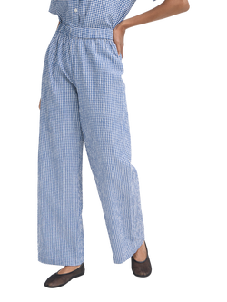 ICHI Jilma Gingham Wide Leg Trousers, Sodalite Blue/White, Sodalite Blue/White