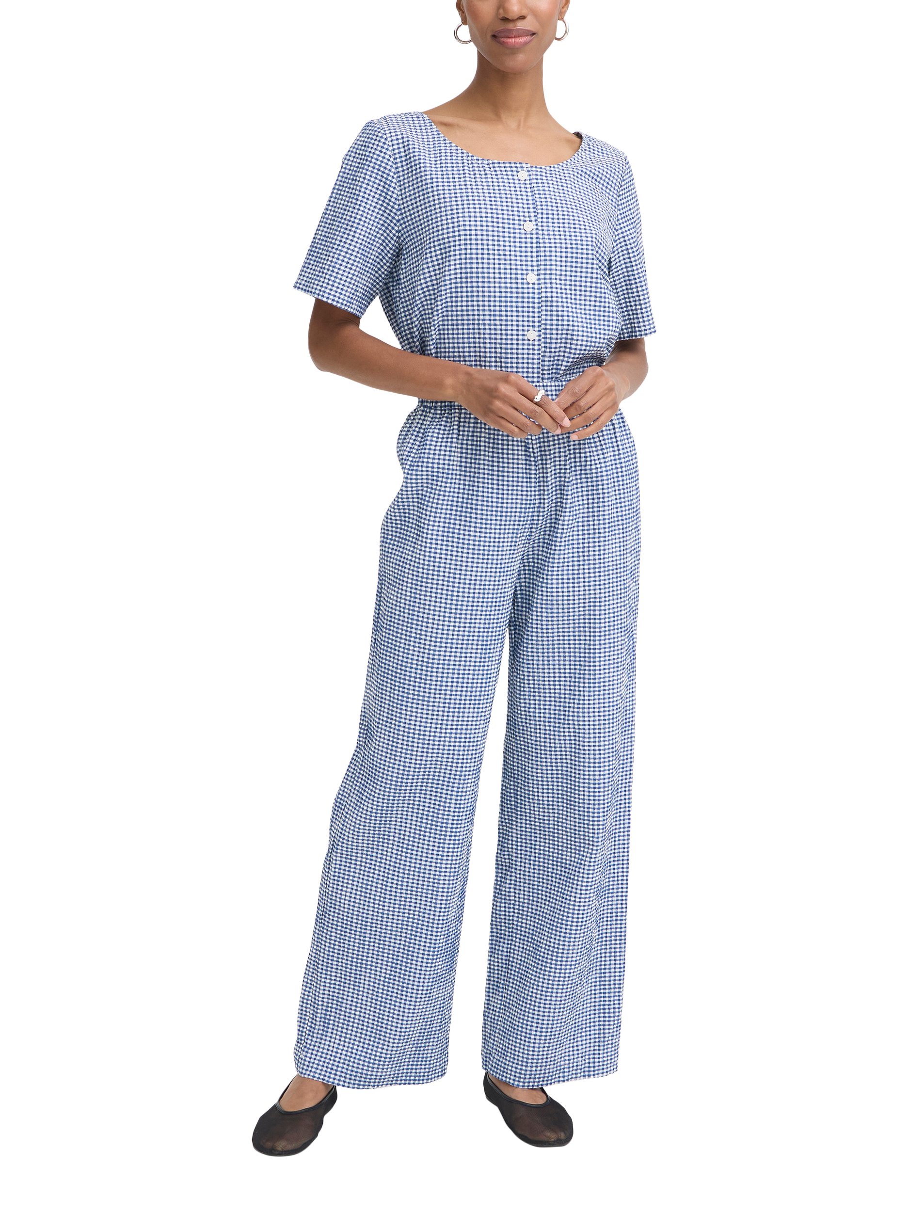 ICHI Jilma Gingham Wide Leg Trousers, Sodalite Blue/White