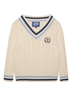 Trotters Kids' Cable Knit V-Neck Cricket Jumper, Ecru, Ecru