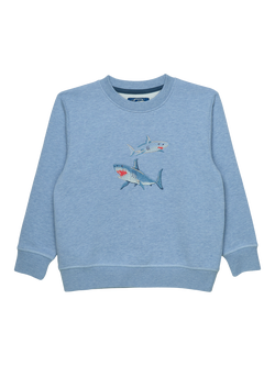 Trotters Kids' Long Sleeve Shark Sweatshirt, Pale Blue Marl, Pale Blue Marl