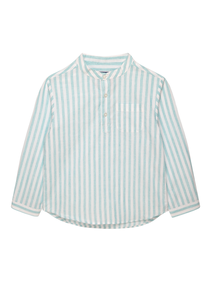 Trotters Kids' Oscar Cotton Blend Collarless Striped Shirt, Sage, Sage
