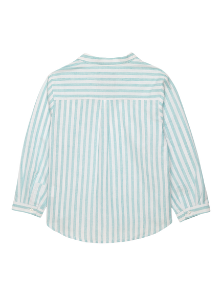 Trotters Kids' Oscar Cotton Blend Collarless Striped Shirt, Sage - view 2, Sage