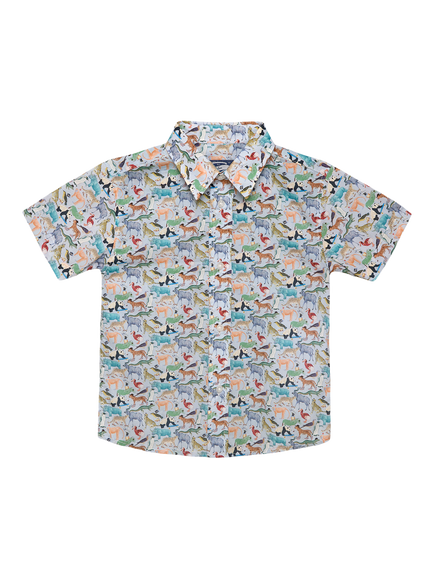 Trotters Kids' Zoo Print Short Sleeve Shirt, Blue, Blue
