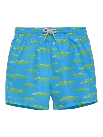 Trotters Kids' Printed Drawstring Swim Shorts, Blue/Crocodile, Blue/Crocodile