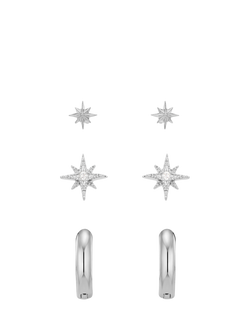 Orelia Starburst and Micro Hoop Earring, Pack of 3, Silver, Silver