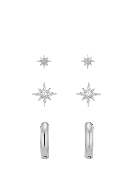 Orelia Starburst and Micro Hoop Earring, Pack of 3, Silver, Silver