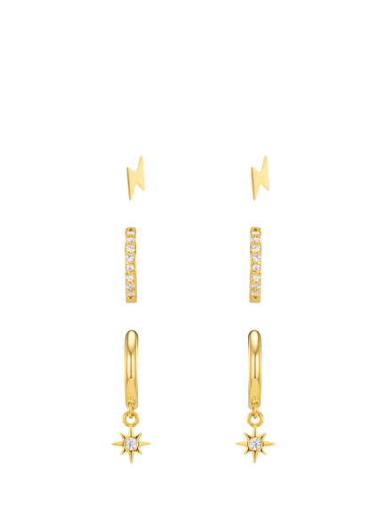 Orelia Pavé Lightning and Starburst Micro Hoop Ear Stacking Set, Gold, Gold