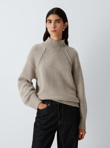 John Lewis J. Lewis Merino Wool Rich High Neck Jumper, Taupe, Taupe