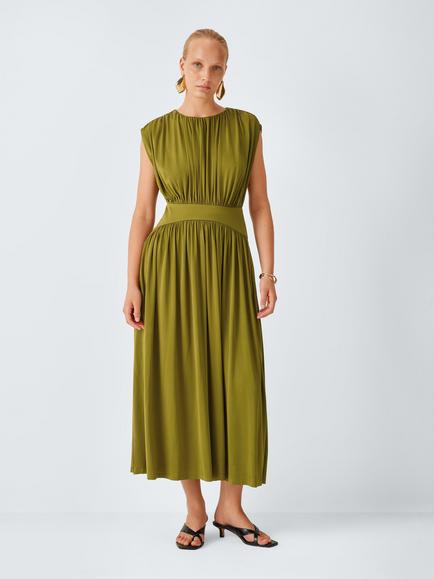 John Lewis Cap Sleeve Ruched Jersey Midi Dress, Olive, Olive