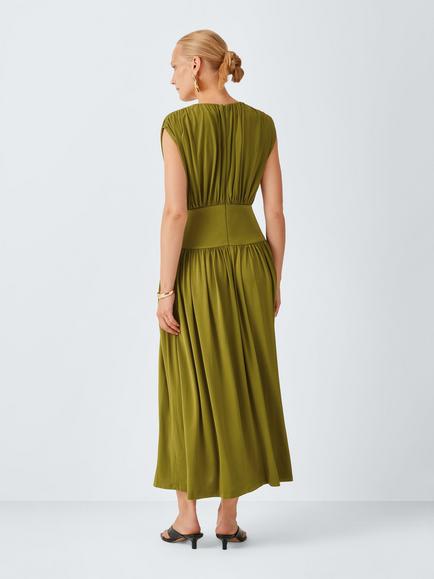 John Lewis Cap Sleeve Ruched Jersey Midi Dress, Olive - view 2, Olive
