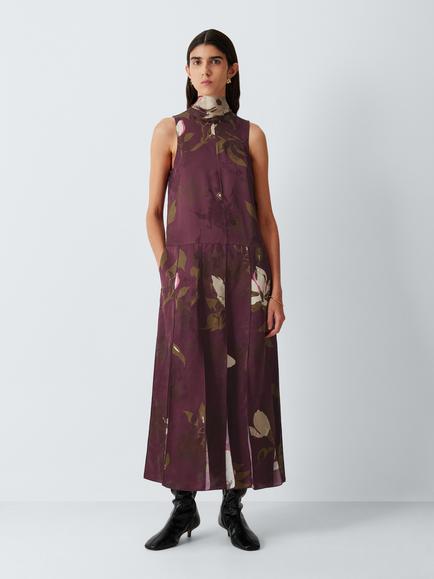John Lewis Floral Printed Panel Pleated Midi Dress, Floral, Floral