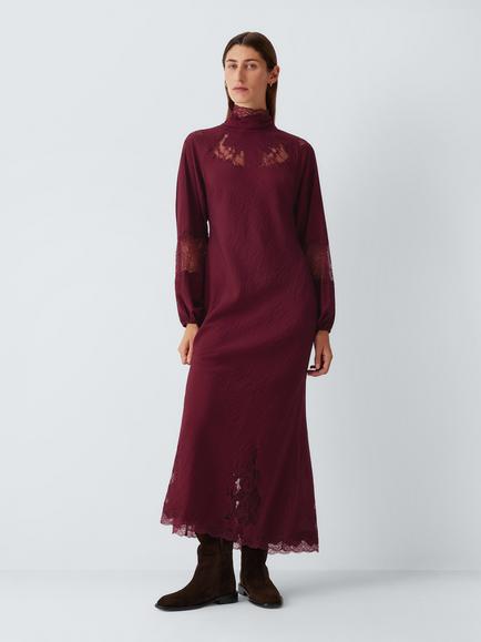 AND/OR Freya Elegant Pleat Sheer Lace Maxi Dress, Burgundy, Burgundy