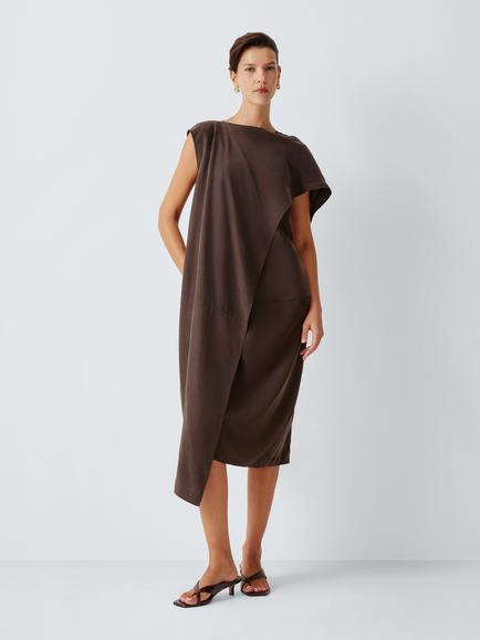 John Lewis Pure Silk Asymmetric Layer Midi Dress, Chocolate Brown, Chocolate Brown