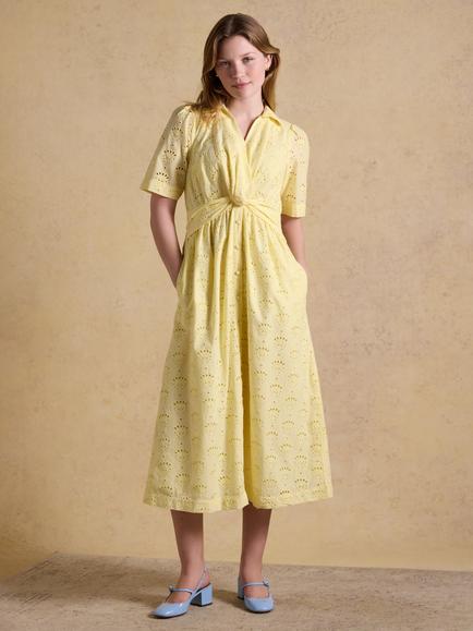 Joules Marina Linen Blend Broderie Dress, Yellow, Yellow
