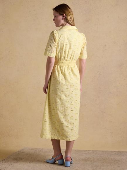 Joules Marina Linen Blend Broderie Dress, Yellow - view 2, Yellow