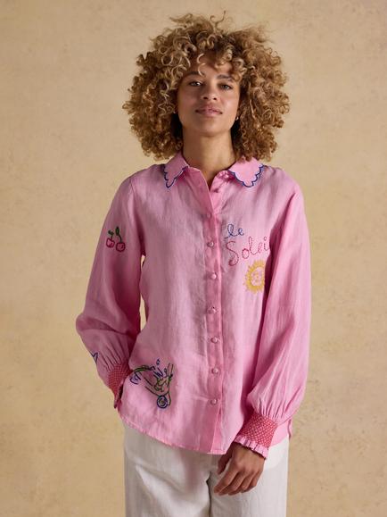Joules Orla Embroidered Pure Linen Shirt, Pink, Pink