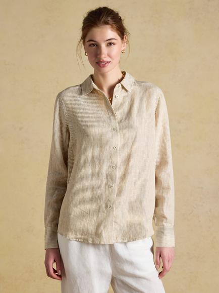 Joules Anna Stripe Linen Shirt, Tan/Ecru, Tan/Ecru