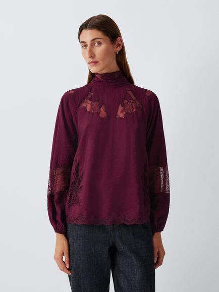 AND/OR Lace Trim High Neck Blouse, Burgundy