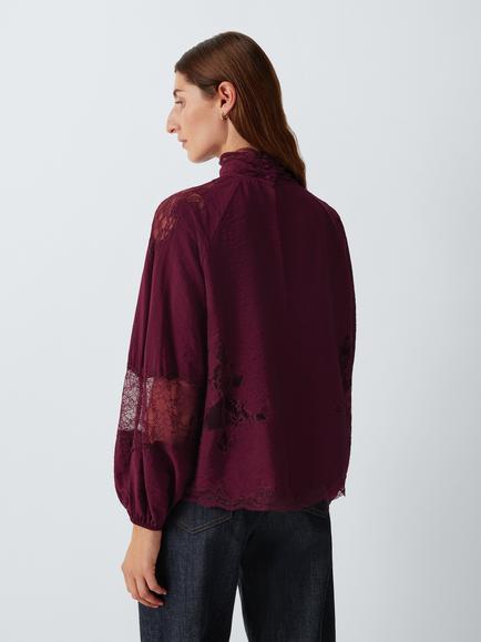 AND/OR Lace Trim High Neck Blouse - view 2, Burgundy