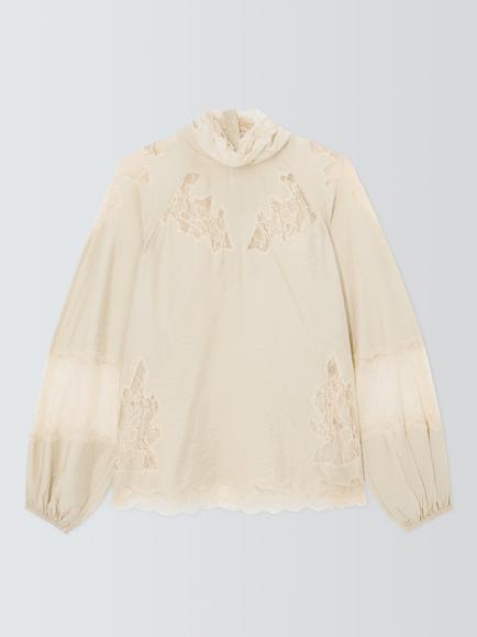 AND/OR Lace Trim High Neck Blouse, Ivory