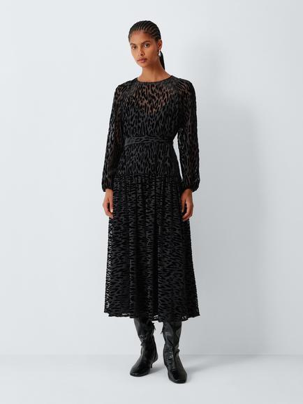 AND/OR Leopard Print Velvet Devoré Midi Dress, Black, Black