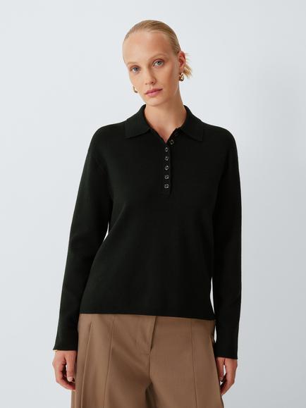 John Lewis Merino Wool Rich Button Neck Polo Jumper, Black