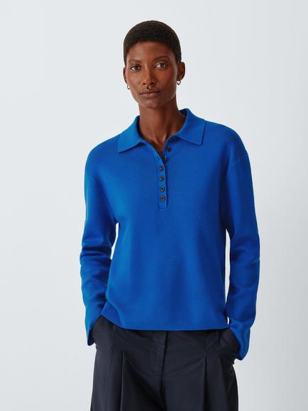 John Lewis Merino Wool Rich Button Neck Polo Jumper, Cobalt, Cobalt